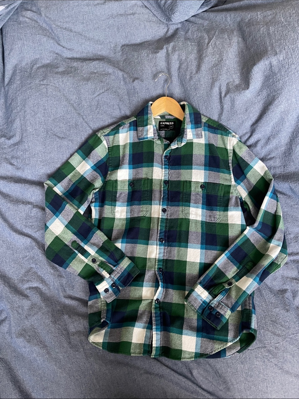 Express Men's Green Navy White Plaid Flannel Shirt